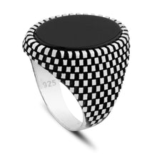 Görseli Galeri görüntüleyiciye yükleyin, Oval-shape large black onyx 925 stamped sterling silver ring men, gothic style, hand-engraved oxidized silver ring 