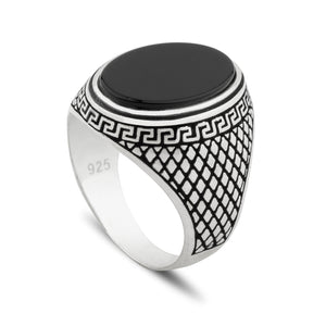 Pure Solid Real Signet Statement 925 Sterling Silver Ring for Men .925 925 Stamp Oval Black Onyx Stone Gemstone Meander Ancient Turkish Greek Byzantine Style Design Polished Body Oxidized Jewelry Handcrafted Handmade Engraved Marriage Friendship Anniversary Birthday Gift Infinity Unity