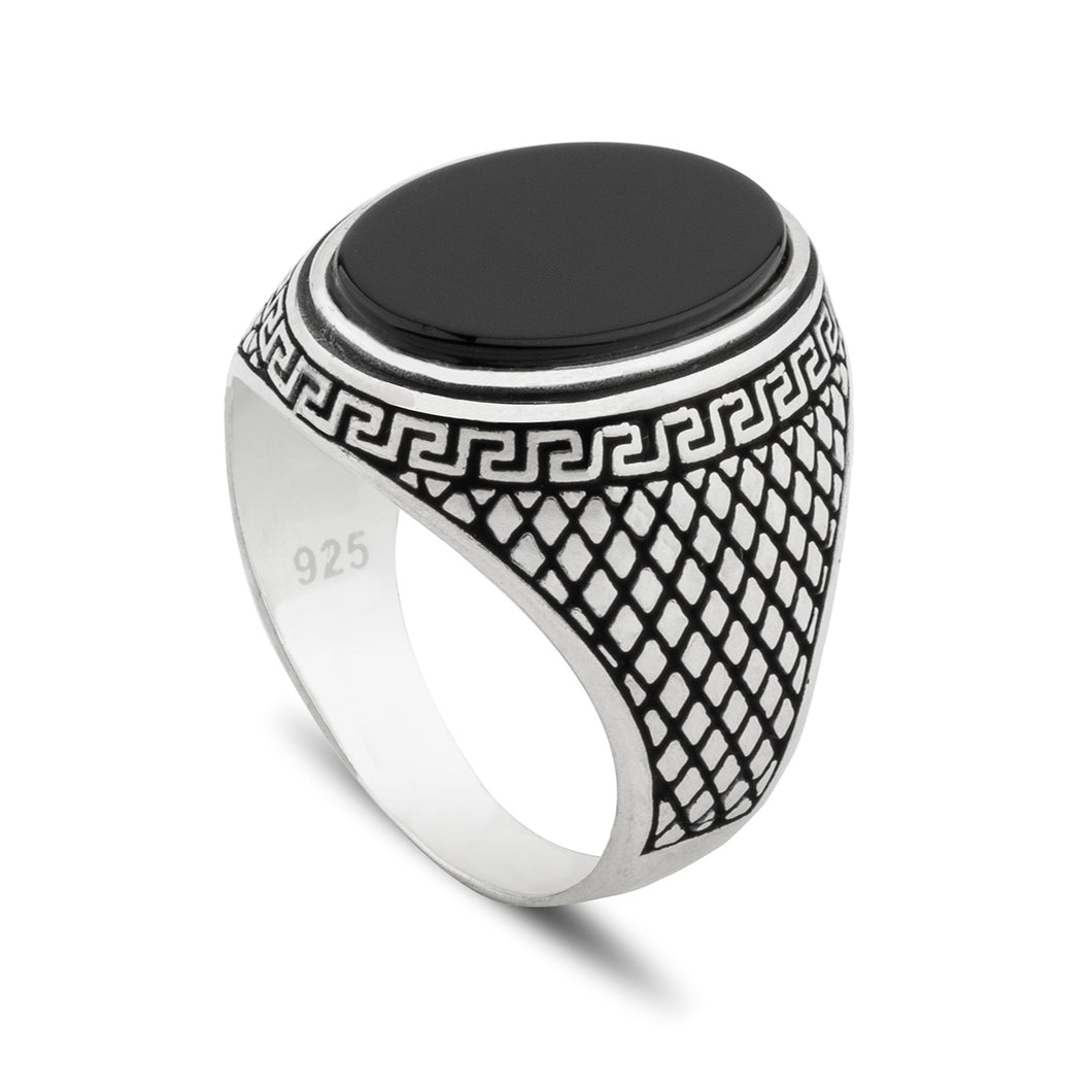 Pure Solid Real Signet Statement 925 Sterling Silver Ring for Men .925 925 Stamp Oval Black Onyx Stone Gemstone Meander Ancient Turkish Greek Byzantine Style Design Polished Body Oxidized Jewelry Handcrafted Handmade Engraved Marriage Friendship Anniversary Birthday Gift Infinity Unity