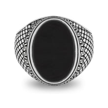 Load image into Gallery viewer, Pure Solid Real Signet Statement 925 Sterling Silver Ring for Men .925 925 Stamp Oval Black Onyx Stone Gemstone Meander Ancient Turkish Greek Byzantine Style Design Polished Body Oxidized Jewelry Handcrafted Handmade Engraved Marriage Friendship Anniversary Birthday Gift Infinity Unity