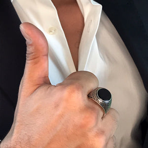 Greek Style Sterling Silver Statement Ring for Men with Black Onyx Gemstone