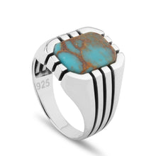 Görseli Galeri görüntüleyiciye yükleyin, 925 stamped sterling silver ring for men with rounded square antique turquoise gemstone and engraved stripes on the sides, classics style