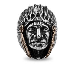 Chicotta Men's Supreme Native American Design Solid 925 Stamped Sterling Silver Ring with Copper Feathers on the Both Sides of Hairdress