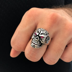 Scary Skull Design with Purple Zirconia Eyes Sterling Silver Biker's Ring