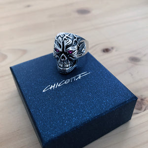 Scary Skull Design with Purple Zirconia Eyes Sterling Silver Biker's Ring
