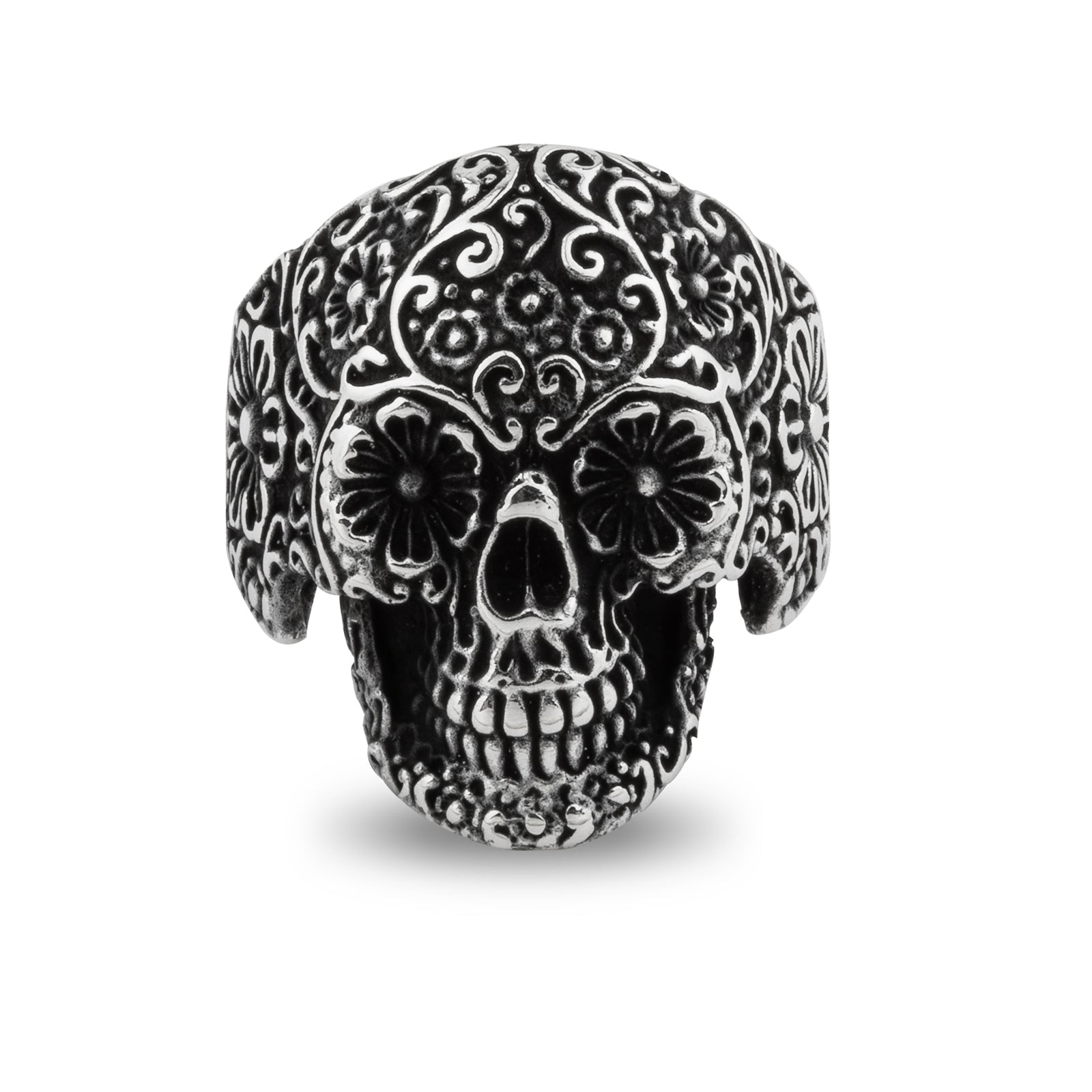 Floral Skull Sterling Silver Biker's Ring with Dull Eyes
