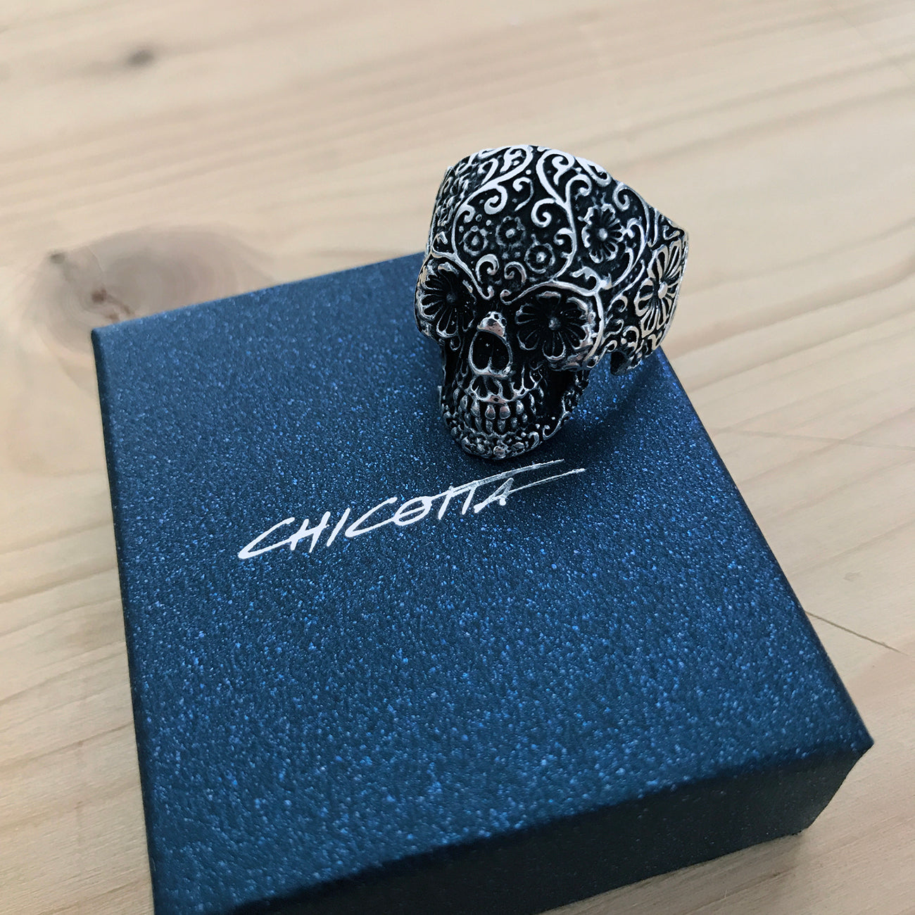 Floral Skull Sterling Silver Biker's Ring with Dull Eyes