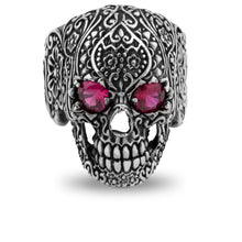 Load image into Gallery viewer, Chicotta Men&#39;s Large Floral Skull Design with Purple Cubic Zirconia Eyes Solid 925 Stamped Sterling Silver Biker Ring