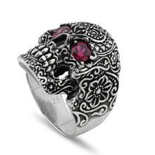 Load image into Gallery viewer, Large Floral Skull with Purple Cubic Zirconia Eyes Sterling Silver Biker&#39;s Ring