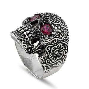 Large Floral Skull with Purple Cubic Zirconia Eyes Sterling Silver Biker's Ring