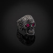 Load image into Gallery viewer, Large Floral Skull with Purple Cubic Zirconia Eyes Sterling Silver Biker&#39;s Ring