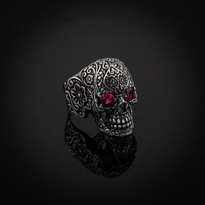 Large Floral Skull with Purple Cubic Zirconia Eyes Sterling Silver Biker's Ring