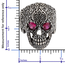 Load image into Gallery viewer, Large Floral Skull with Purple Cubic Zirconia Eyes Sterling Silver Biker&#39;s Ring
