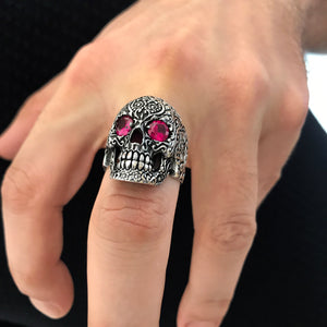 Large Floral Skull with Purple Cubic Zirconia Eyes Sterling Silver Biker's Ring