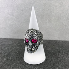 Load image into Gallery viewer, Large Floral Skull with Purple Cubic Zirconia Eyes Sterling Silver Biker&#39;s Ring