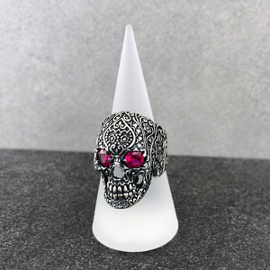 Large Floral Skull with Purple Cubic Zirconia Eyes Sterling Silver Biker's Ring