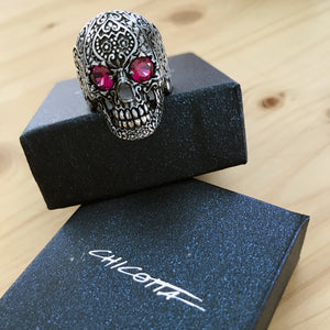 Large Floral Skull with Purple Cubic Zirconia Eyes Sterling Silver Biker's Ring
