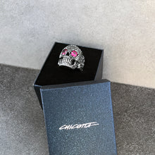 Load image into Gallery viewer, Large Floral Skull with Purple Cubic Zirconia Eyes Sterling Silver Biker&#39;s Ring