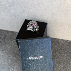 Large Floral Skull with Purple Cubic Zirconia Eyes Sterling Silver Biker's Ring