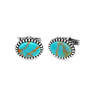 Oval Shape Sterling Silver Cufflink with Antique Turquoise Gemstone