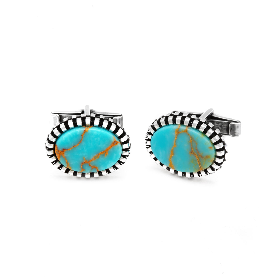 Oval Shape Sterling Silver Cufflink with Antique Turquoise Gemstone