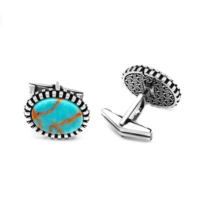 Oval Shape Sterling Silver Cufflink with Antique Turquoise Gemstone