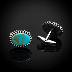 Oval Shape Sterling Silver Cufflink with Antique Turquoise Gemstone